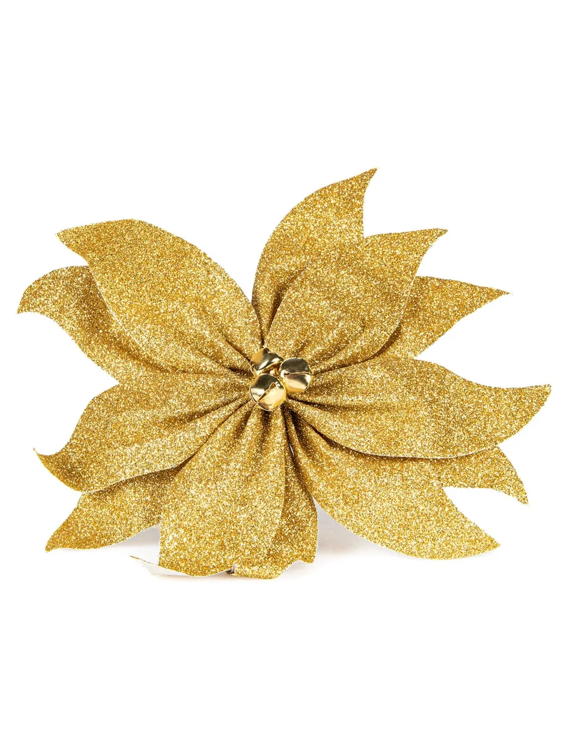 Goldglitzernder Weihnachtsstern-Schleife mit Glöckchen 20 cm für den Tisch