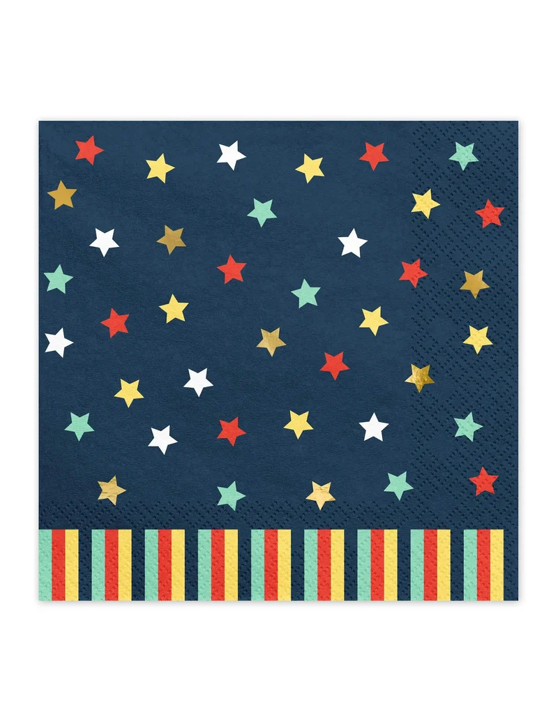 12 bunte Stern-Papierservietten 33 x 33 cm Marineblauer Hintergrund