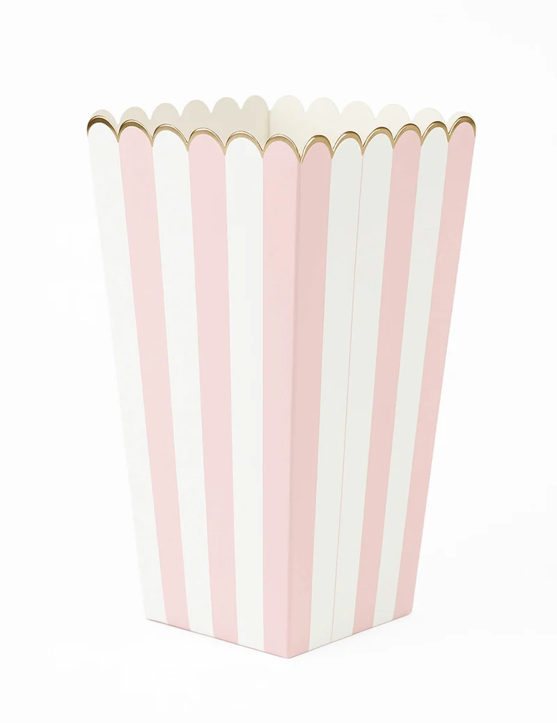 8 Pastellrosa und weiße Popcornboxen, 12,5 x 7 cm, aus goldgestreiftem Karton