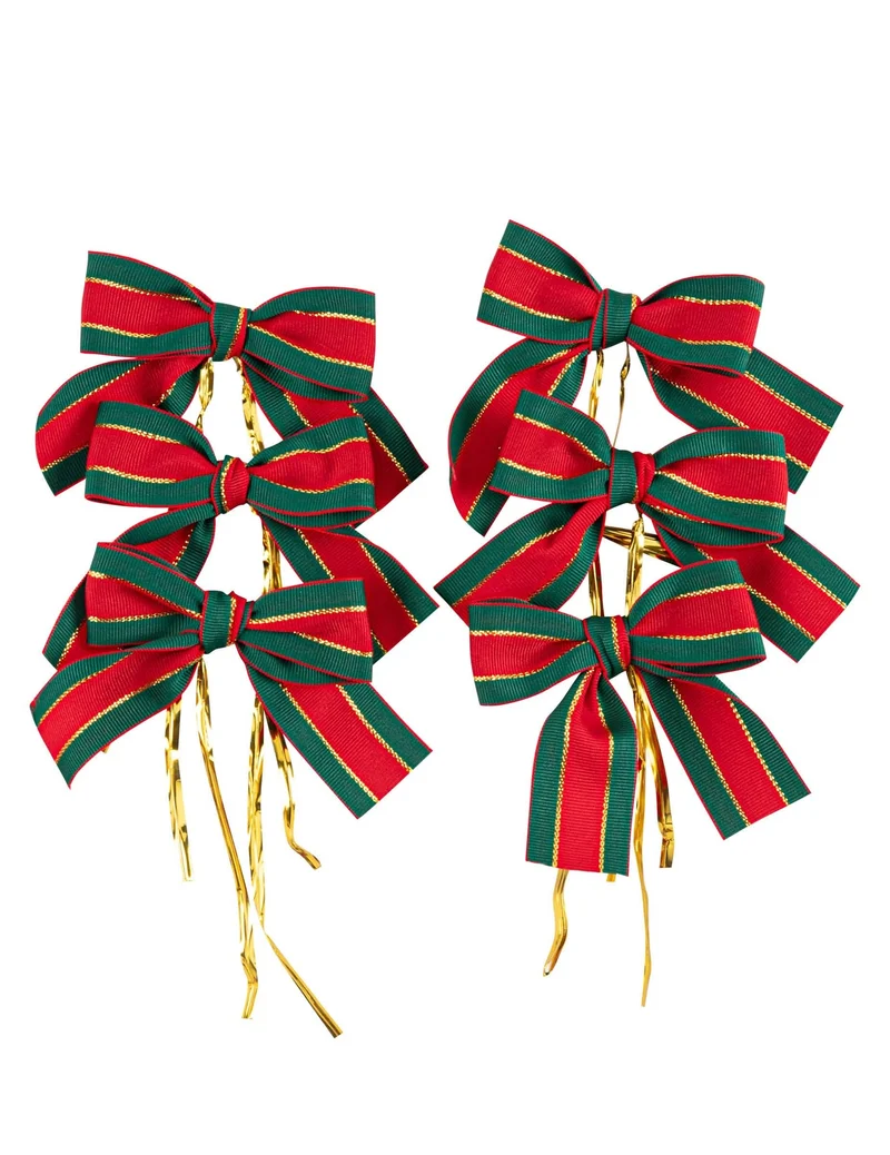 6 Weihnachtsschleifen Rot, Grün und Gold für den Tisch