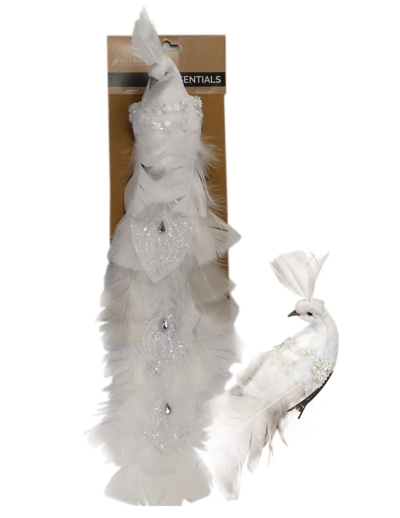 Weißer Vogel auf Clip, 36 cm, aus Federn