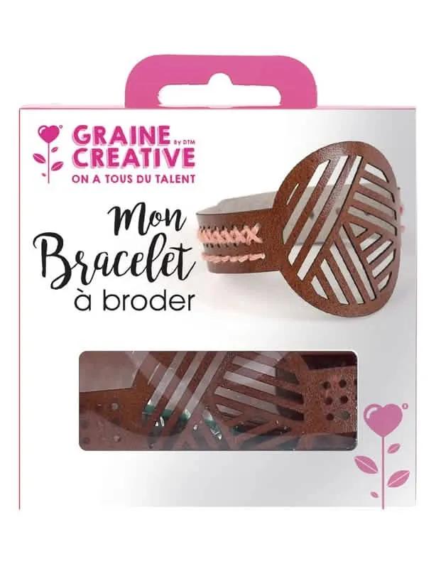 Stickarmband-Kit aus braunem Leder mit geometrischen Mustern und rosa Baumwolle