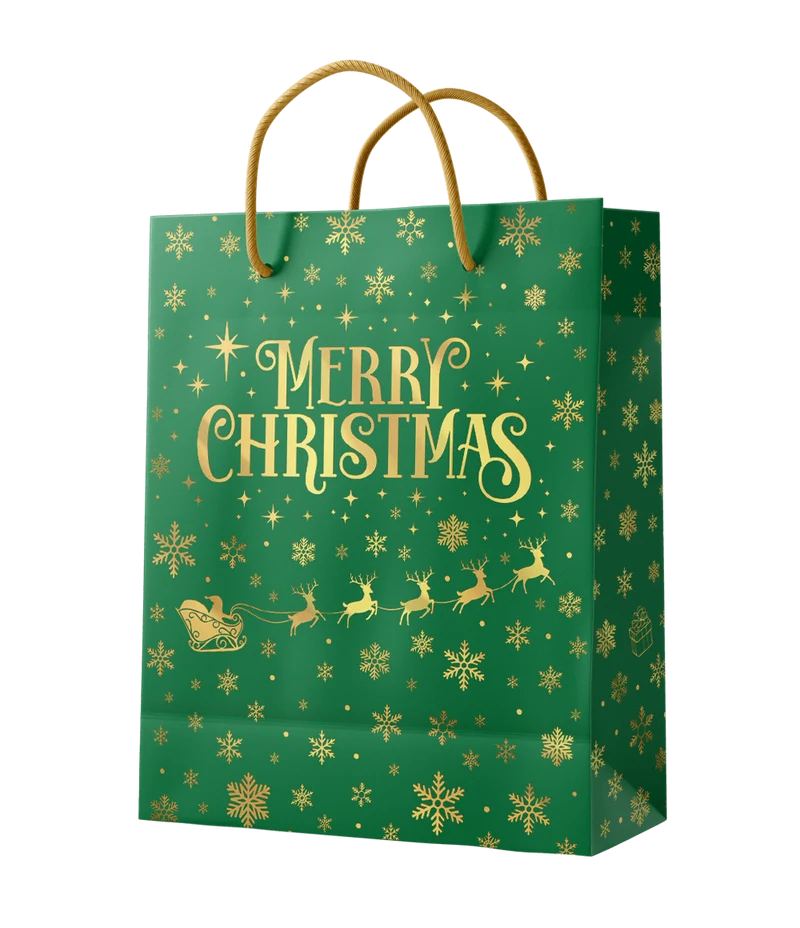 Weihnachtsgeschenkbeutel Grün Gold Frohe Weihnachten L 31cm