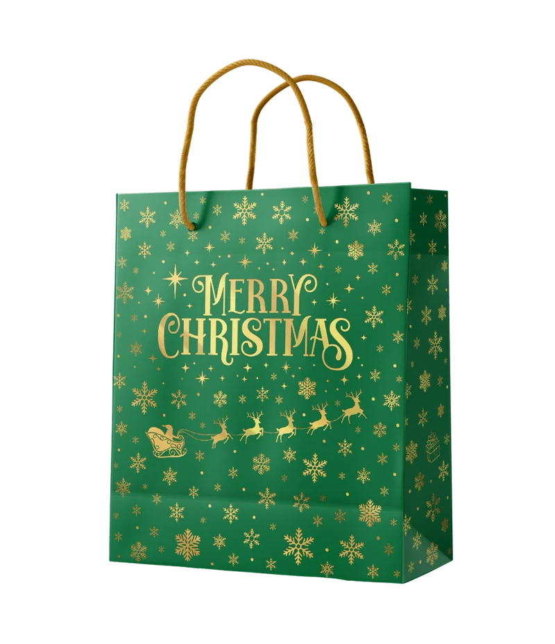 Weihnachtsgeschenkbeutel Grün Gold Frohe Weihnachten M 21cm