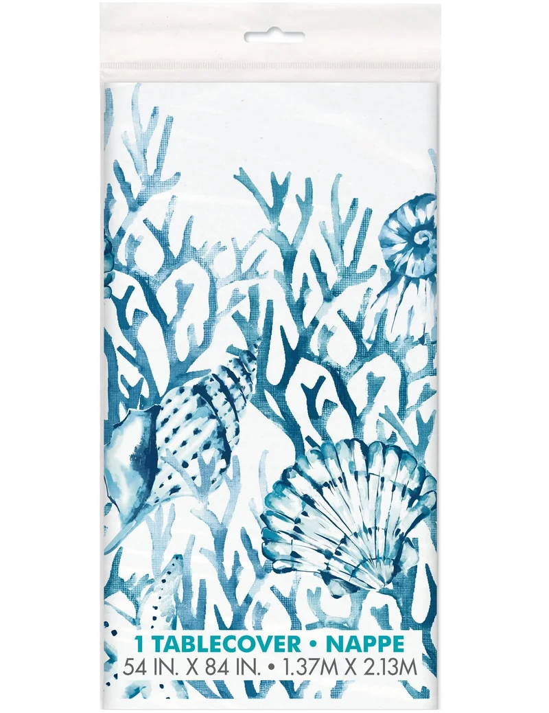 Tischdecke aus blauem Korallenplastik 137 x 213 cm mit Muschelmotiv