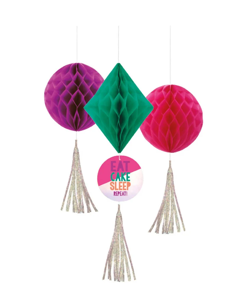 3 Waben-Dekorationen "Birthday Vibes" mit Pompons