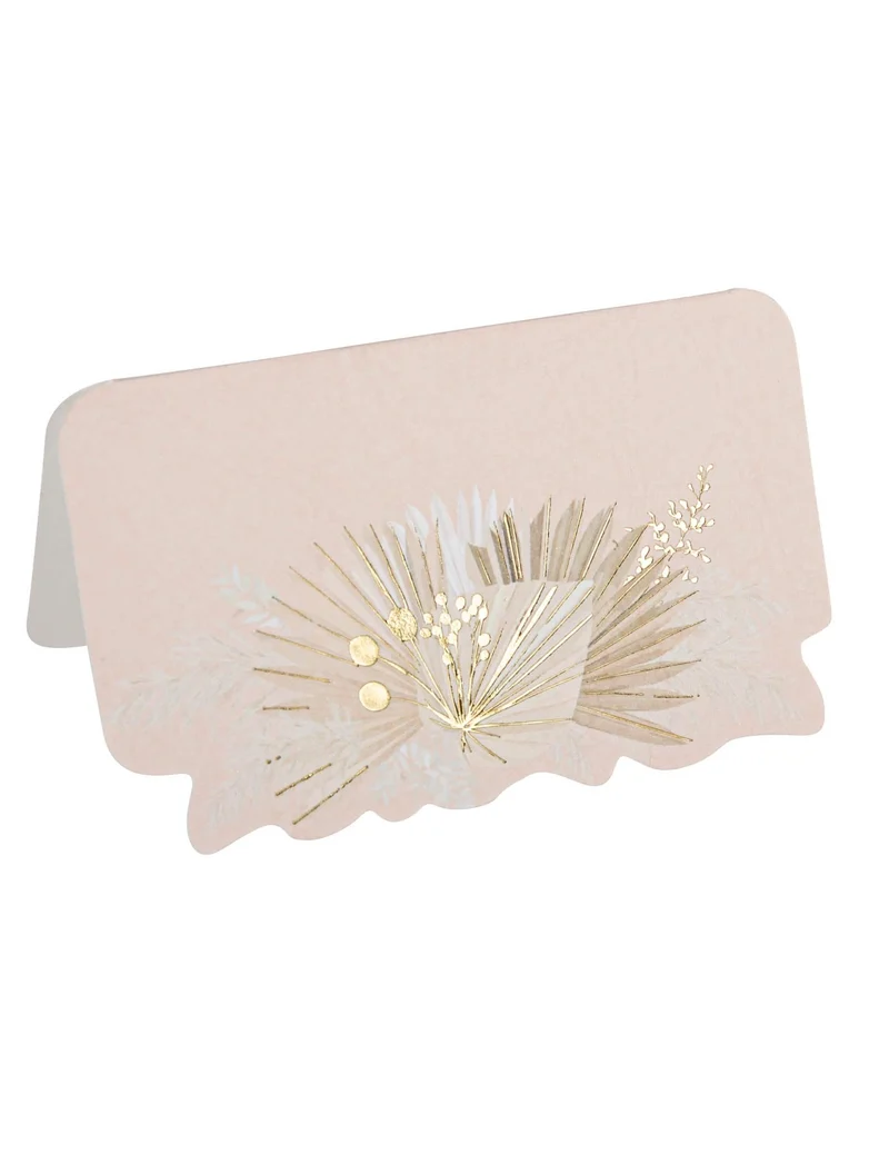 8 Boho-Tischkarten in Blush und Gold 8 x 4,7 cm mit weißen Federn