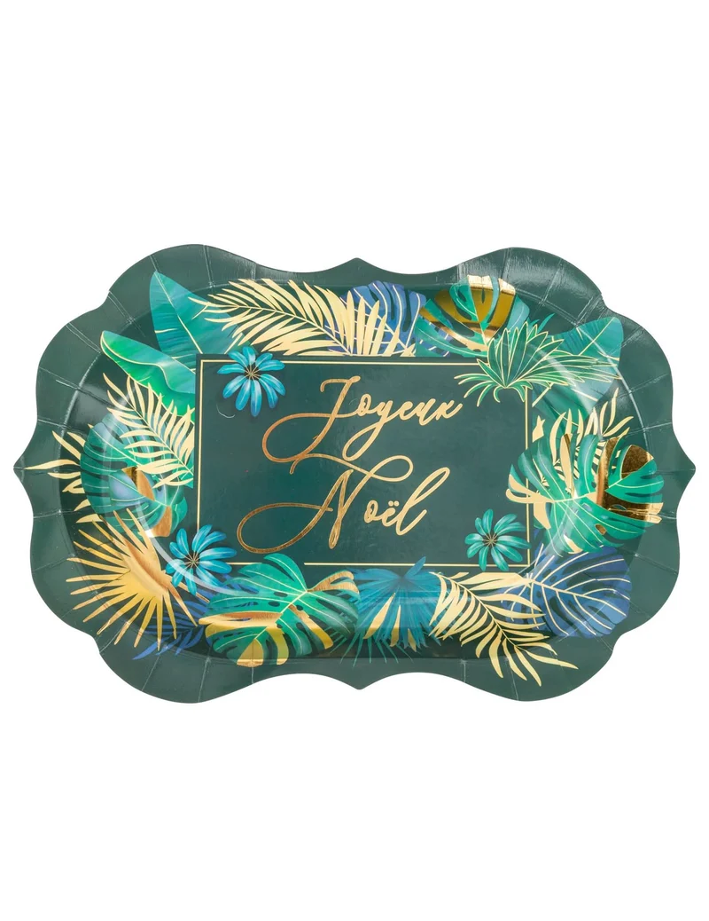 8 Dschungel "Frohe Weihnachten" Pappteller grün und gold 31,5 x 19,5 cm mit Wellenrand