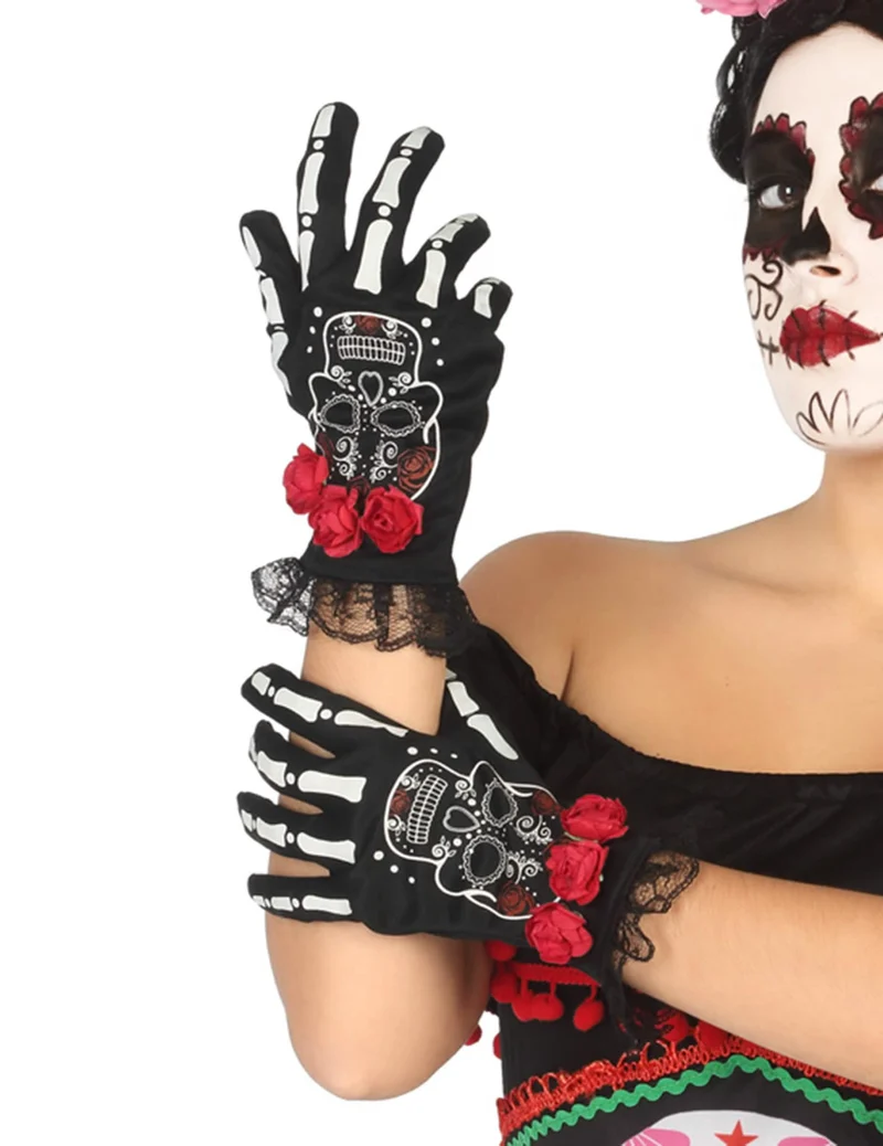 Tag der Toten Skelett-Handschuhe Kostüm-Accessoire schwarz-bunt