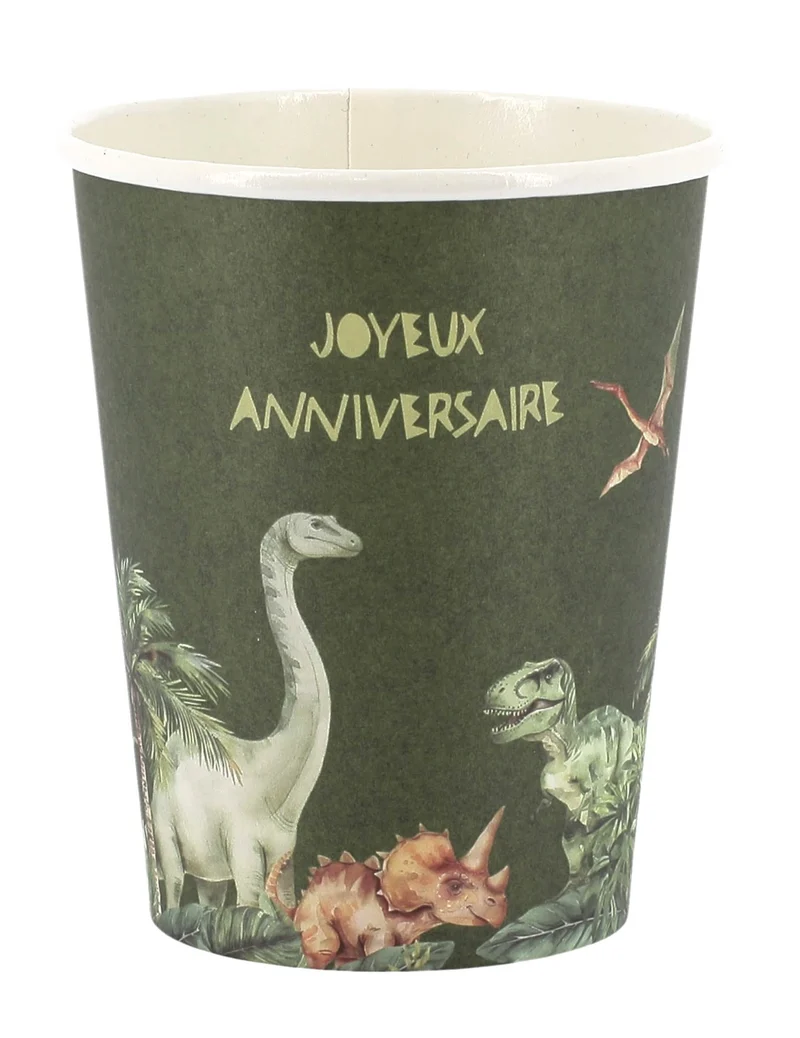 6 grüne 'Happy Birthday' Dinosaurier Pappbecher 255 ml Dschungel-Motto