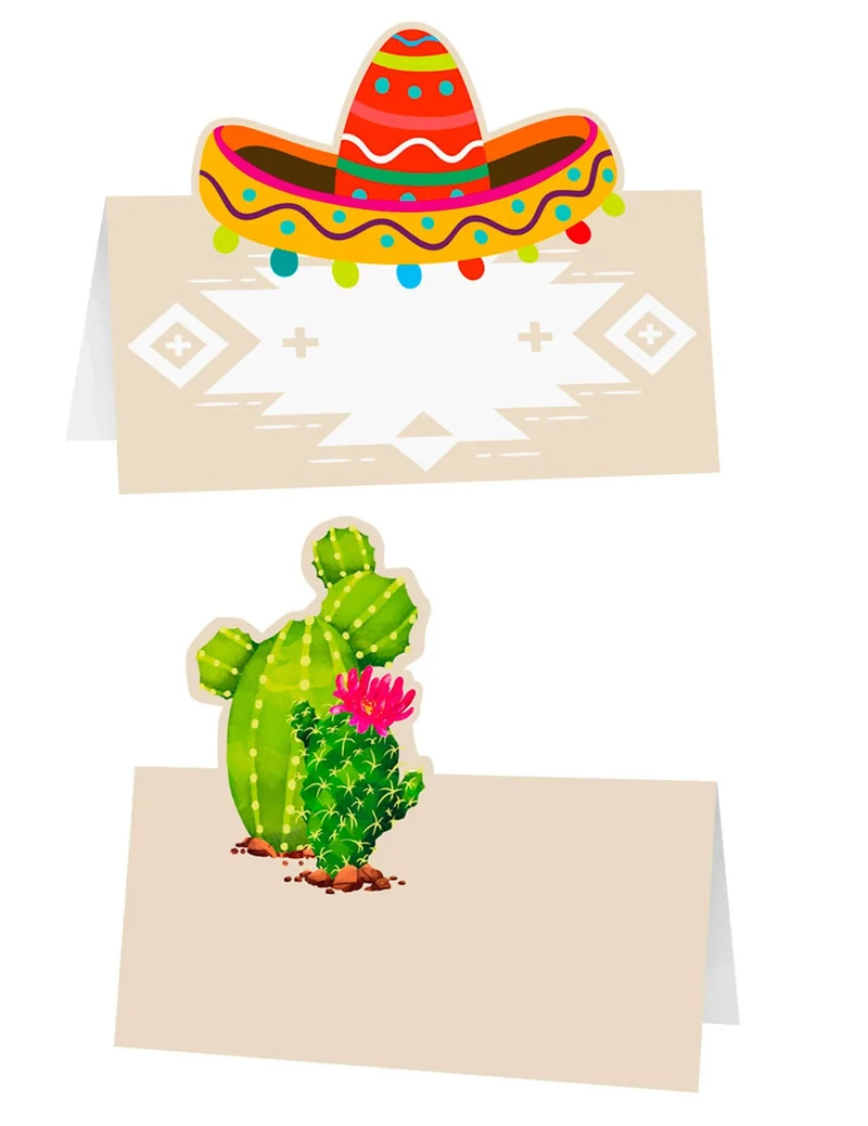 6 Kaktus- und Sombrero-Platzkarten 8 x 8 cm mexikanisches Thema