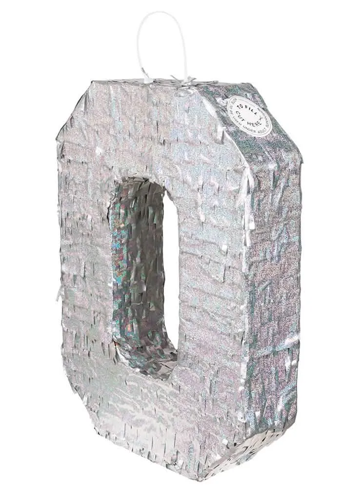 Holografische Silber-Piñata Zahl 0, 40 x 28 x 8 cm für Party
