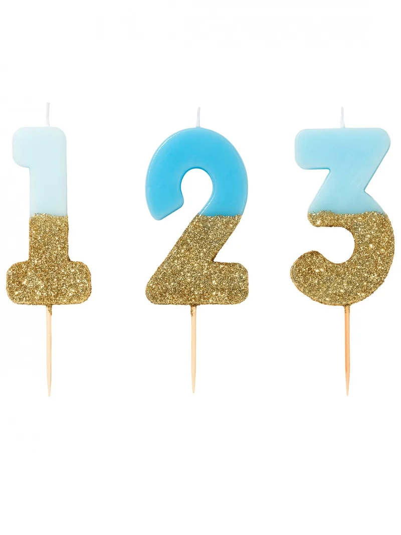 Kerze auf Spieß mit blauen und goldglitzernden Zahlen 13,8 cm für Kuchen