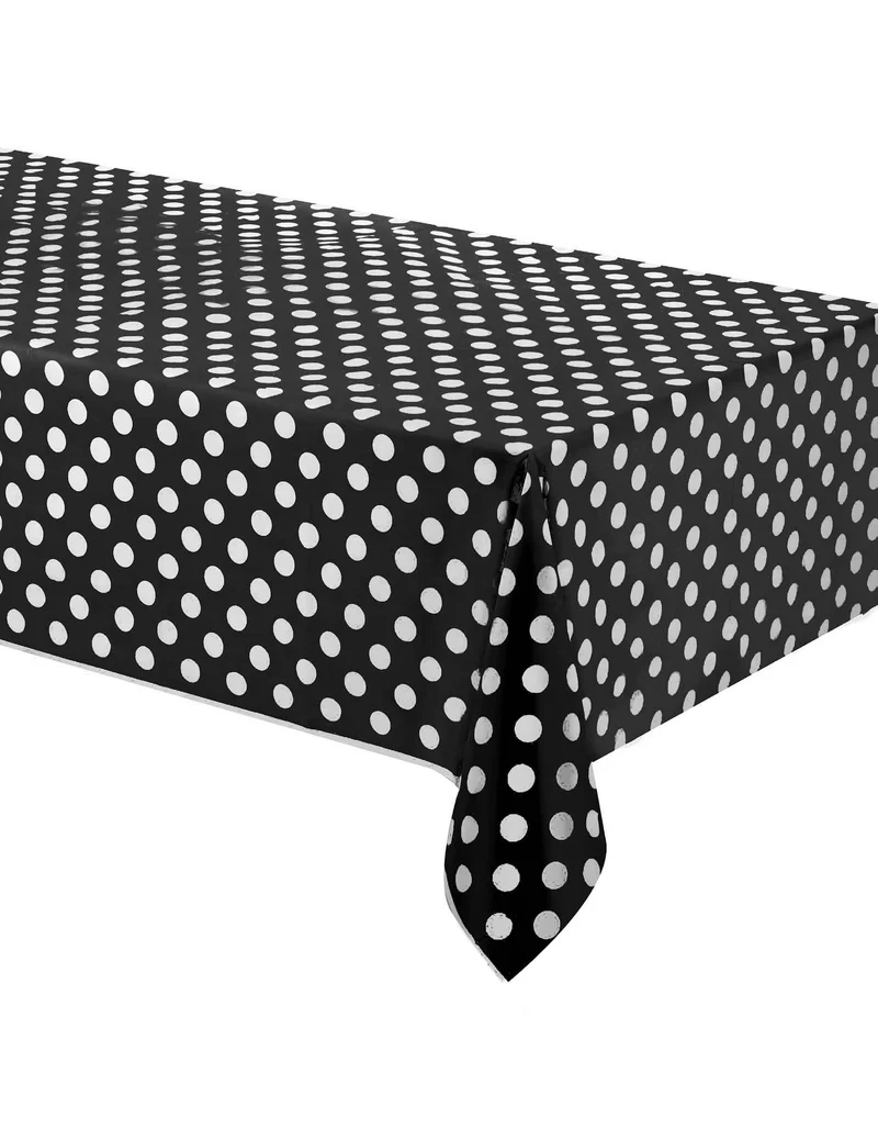 Rechteckige schwarze Plastiktischdecke mit weißen Punkten 137 x 274 cm