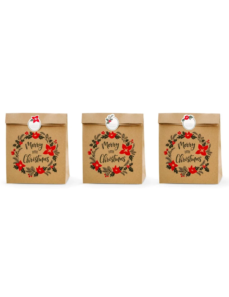3 Kraft-Geschenktüten mit "merry little christmas" Stickern 27 x 25 x 11 cm für Weihnachten