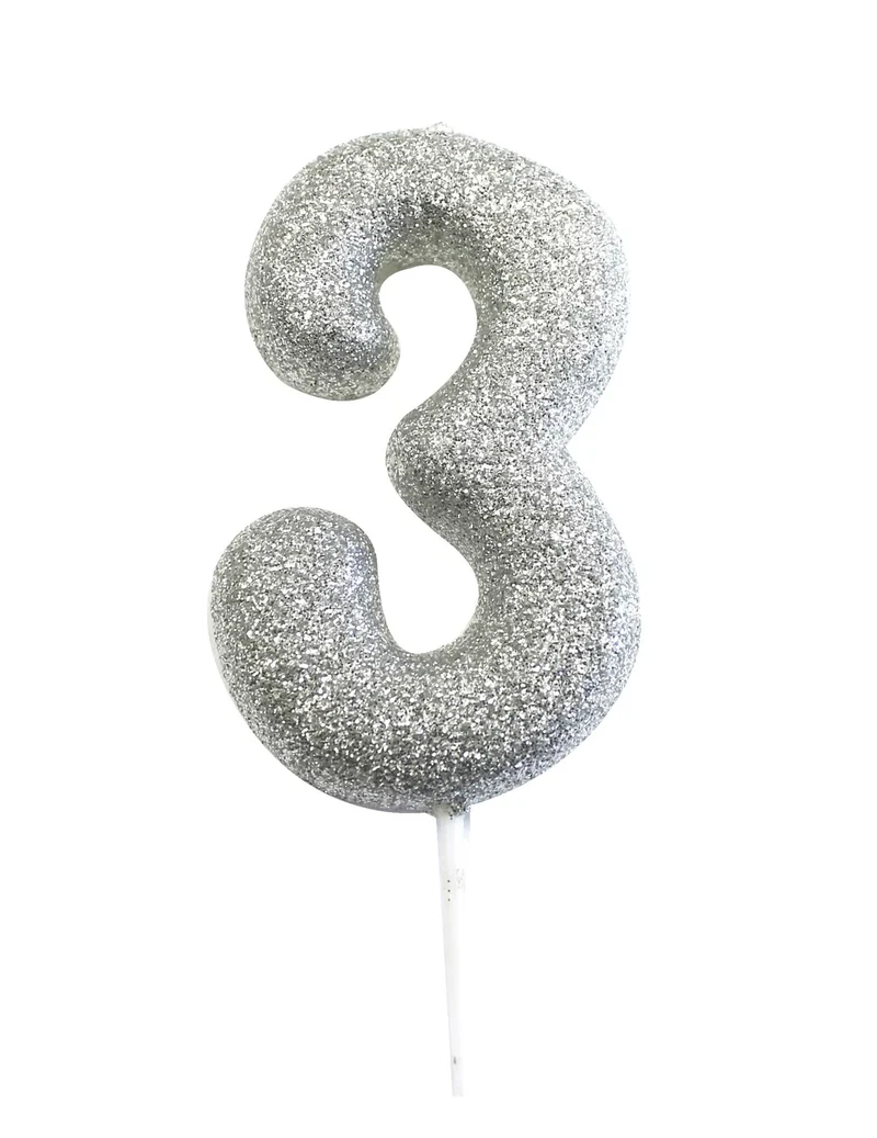 Kerze auf Spieß Zahl 3 silbern glitzernd 7 cm für Geburtstag