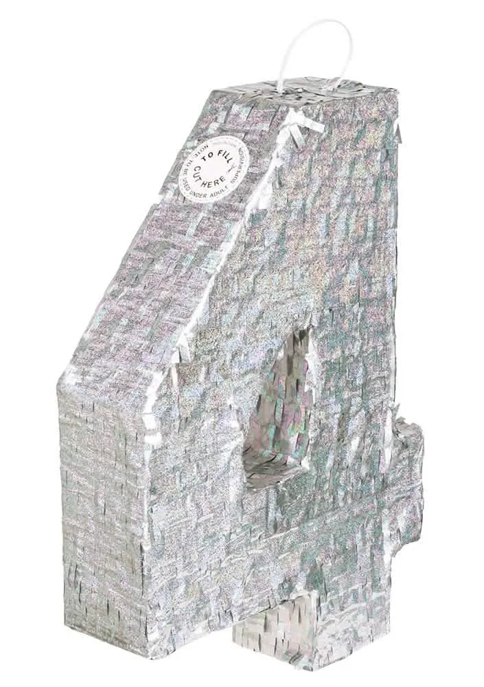 Holografische silberne Piñata Zahl 4 40 x 28 x 8 cm für Party