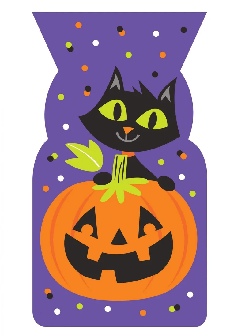 20 lila Plastiktüten Katze und Kürbis 13 x 23 cm für Halloween