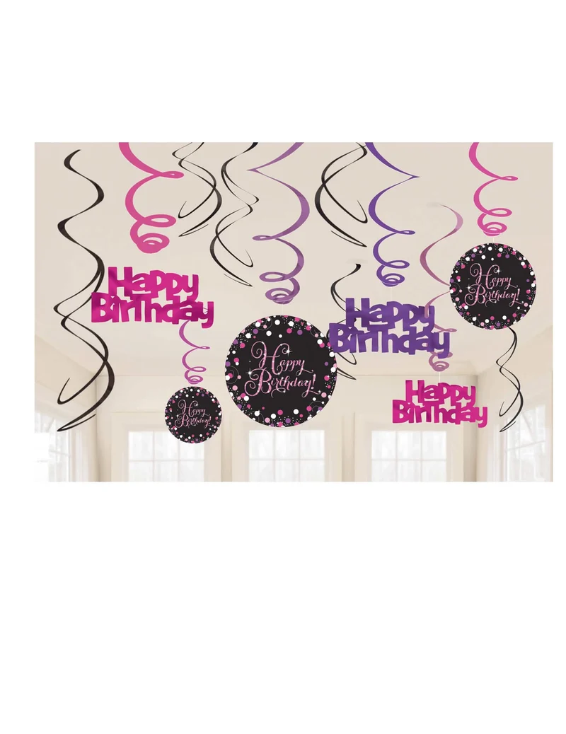 12 Sprudelnde Spiralhänger aus Karton in Rosa "Happy Birthday"