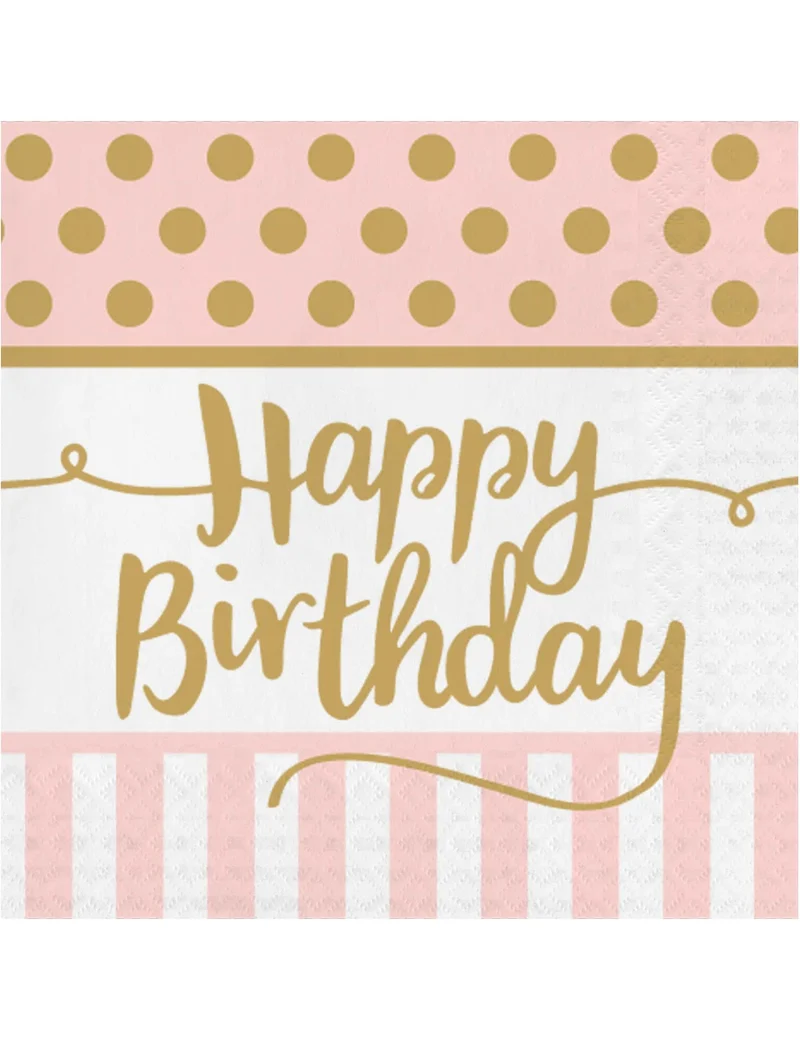 20 Happy Birthday Servietten aus Papier Rosa und Gold 33 x 33 cm für Geburtstage