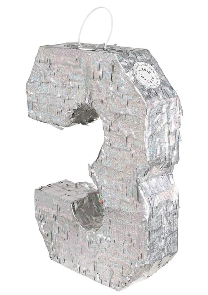Holografische Silber Piñata Zahl 3 40 x 28 x 8 cm für Geburtstag