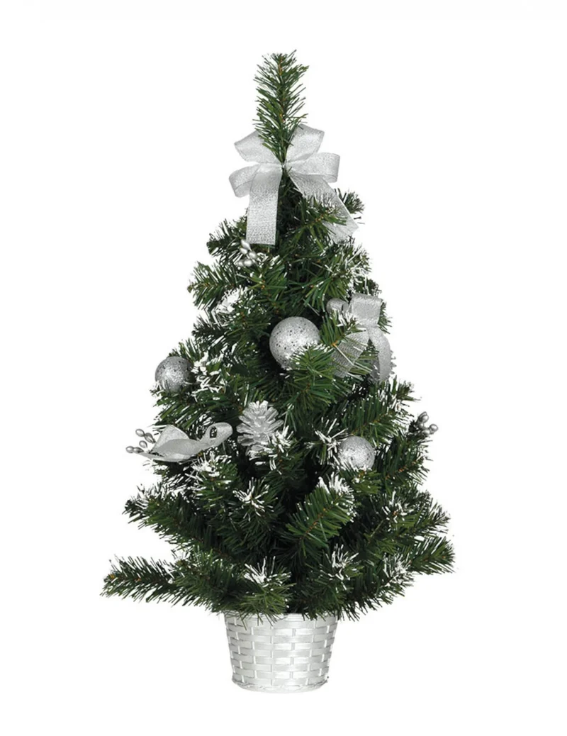 Stehender Tannenbaum mit silbernen Dekorationen, 60 cm, verschneit
