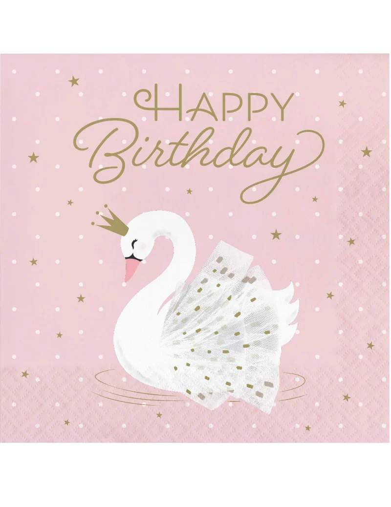 16 rosafarbene königliche Schwan Happy Birthday Papierservietten 33 x 33 cm mit goldenen Sternen