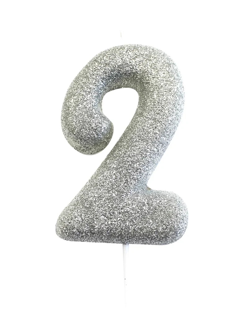 Kerze auf Spiess Zahl 2 silber glitzernd 7 cm für Kuchen