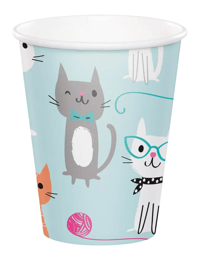 8 blaue Katzen-Pappbecher 266 ml Geburtstagsdeko