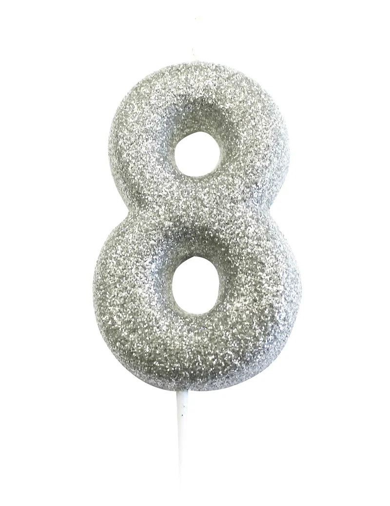 Kerze auf Spiess Zahl 8 Silber Glitzer 7 cm für Geburtstagstorte