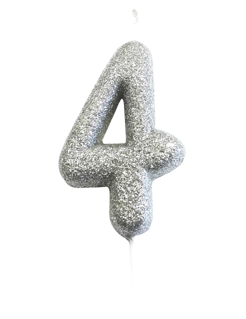 Kerze auf Spieß, Zahl 4, silber glitzernd, 7 cm für Kuchen
