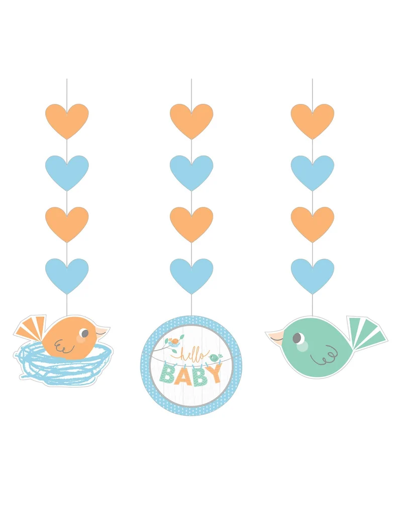 3 blaue Hello Baby Papierhänger 91 cm für Babyparty