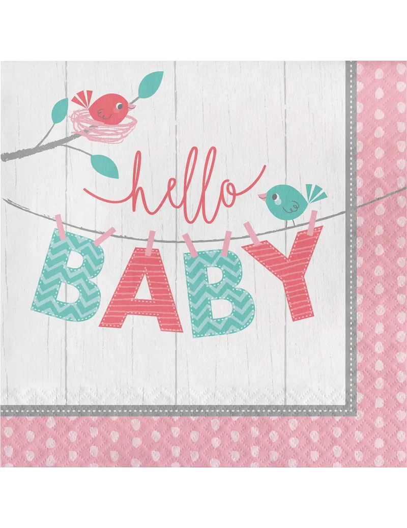 16 rosa „Hello Baby“ Papierservietten 33 x 33 cm für Taufe