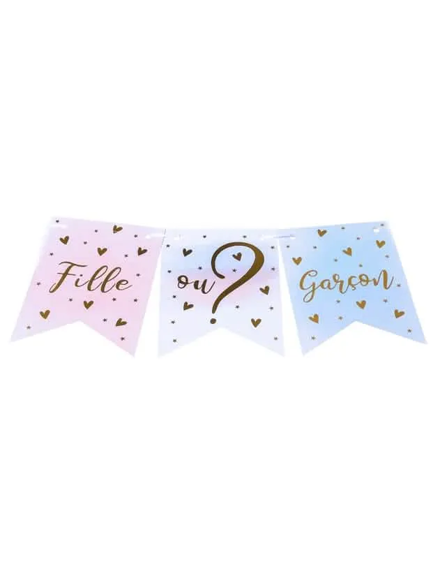 Girlande 11 Wimpel Mädchen oder Junge Rosa Blau Gold 13 x 18 cm Gender Reveal