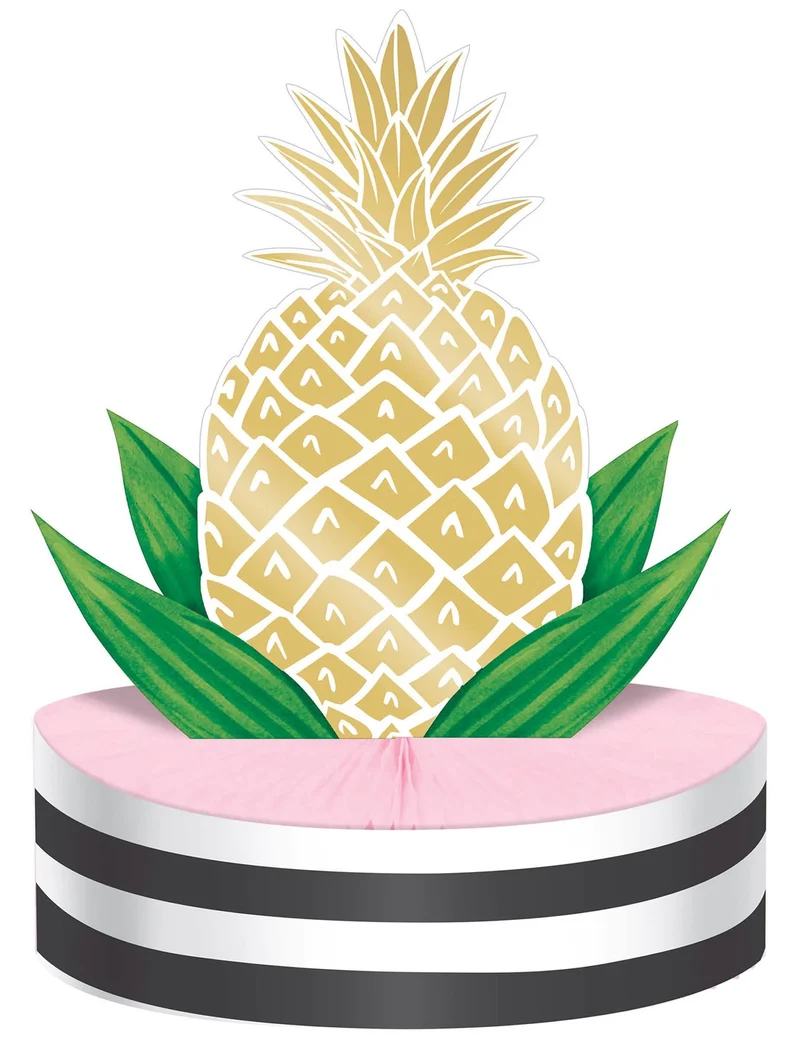 Goldene Ananas Tischdeko aus Karton 23 x 30,5 cm mit rosa Wabenfuß
