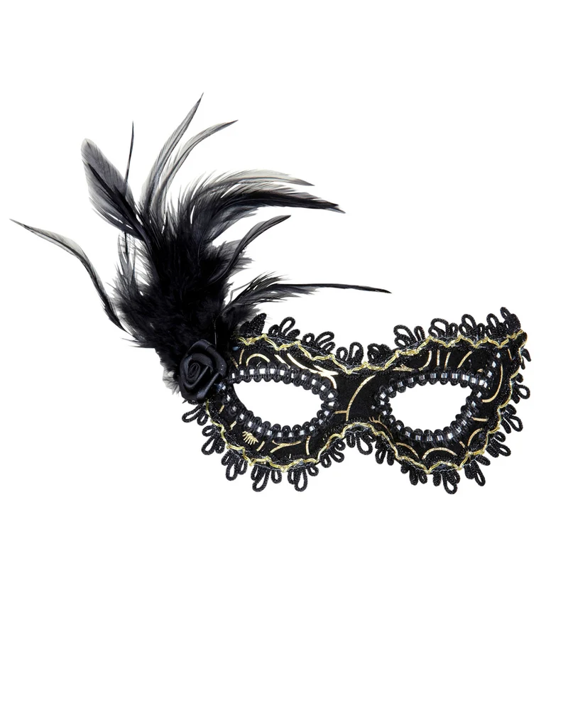 Schwarze Mystic Augenmaske mit Rose & Federn
