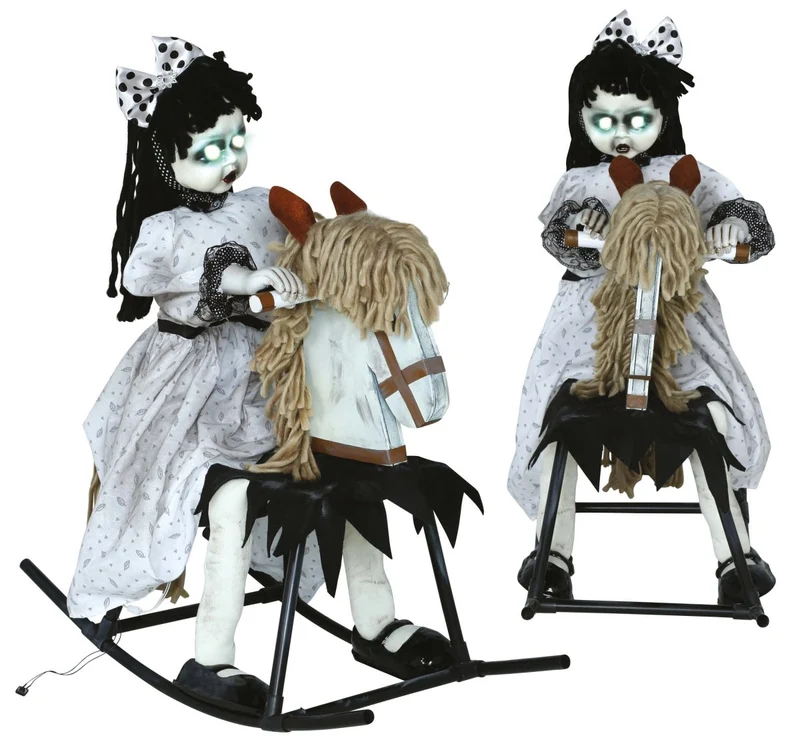 Halloween-Puppe auf Schaukelpferd mit Licht, Sound und Bewegung 70cm