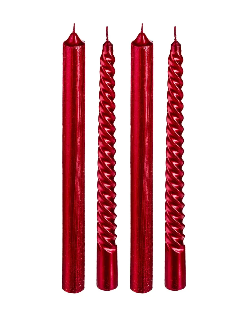 4 rote Stumpenkerzen mit goldenem Glitzer 25 cm