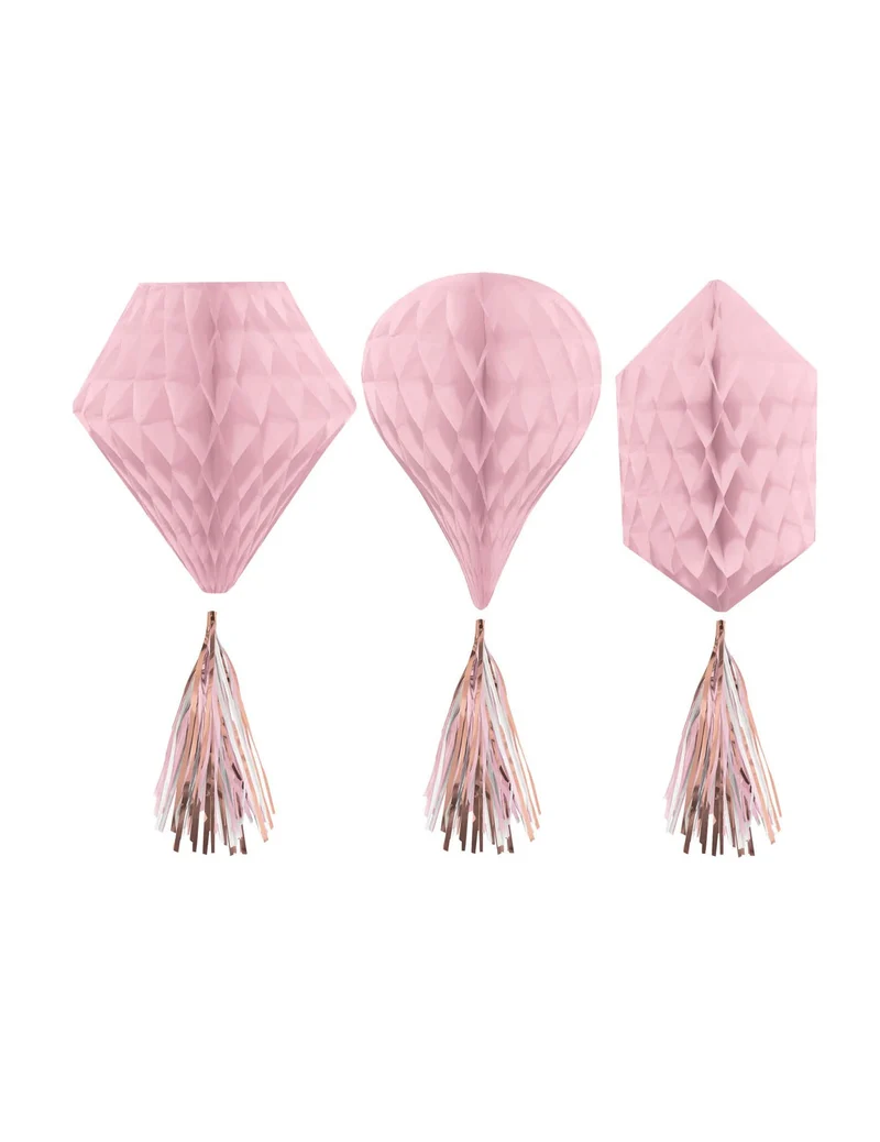 3 Waben-Hängedekorationen aus Papier in Roségold 30 cm mit Quasten