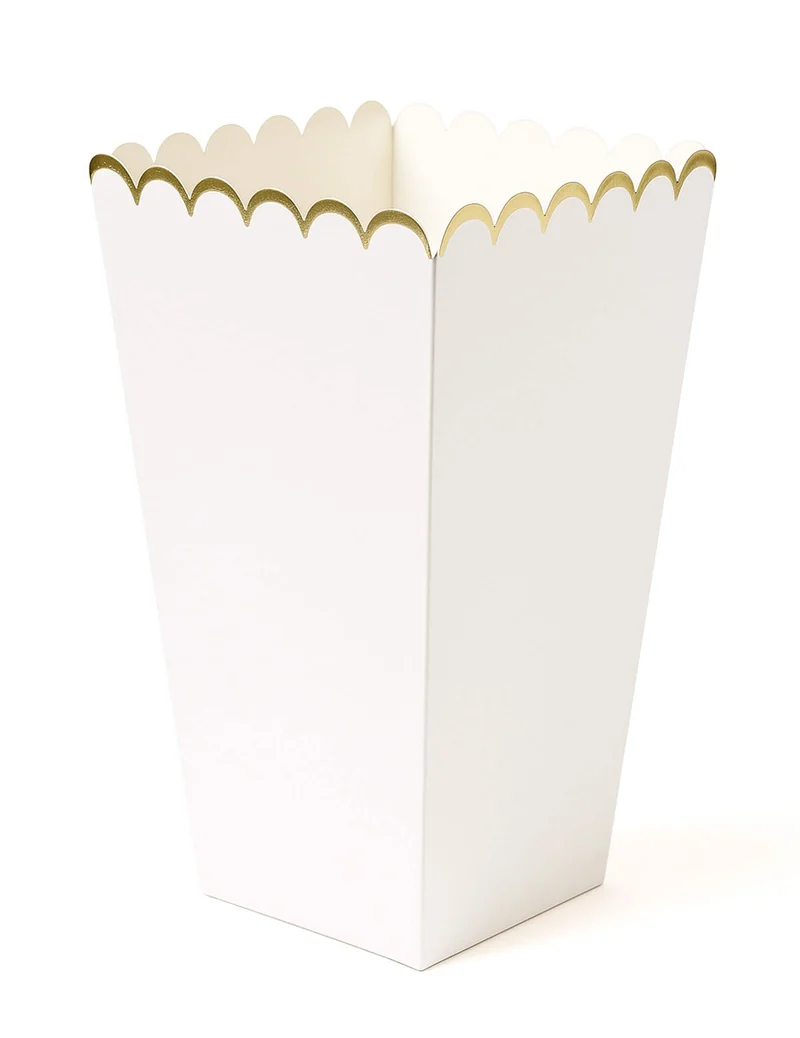 8 weiße und goldene Popcornboxen 12,5 x 7 cm, gewellt