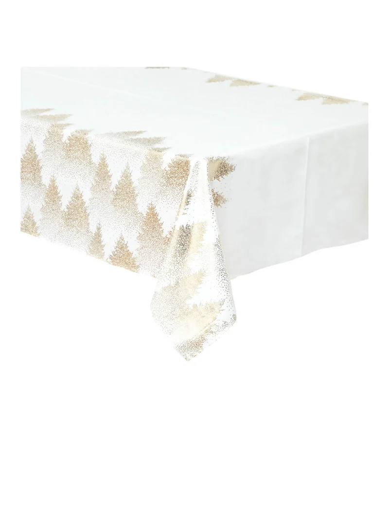 Weiße und goldene Tischdecke mit beflockten Tannenbäumen 140 x 240 cm aus Polyester