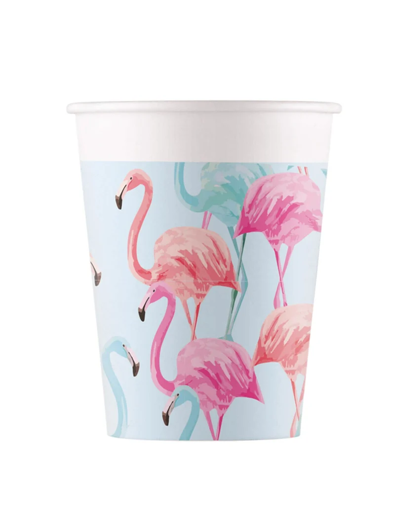 8 bunte Flamingo-Pappbecher 200 ml kompostierbar