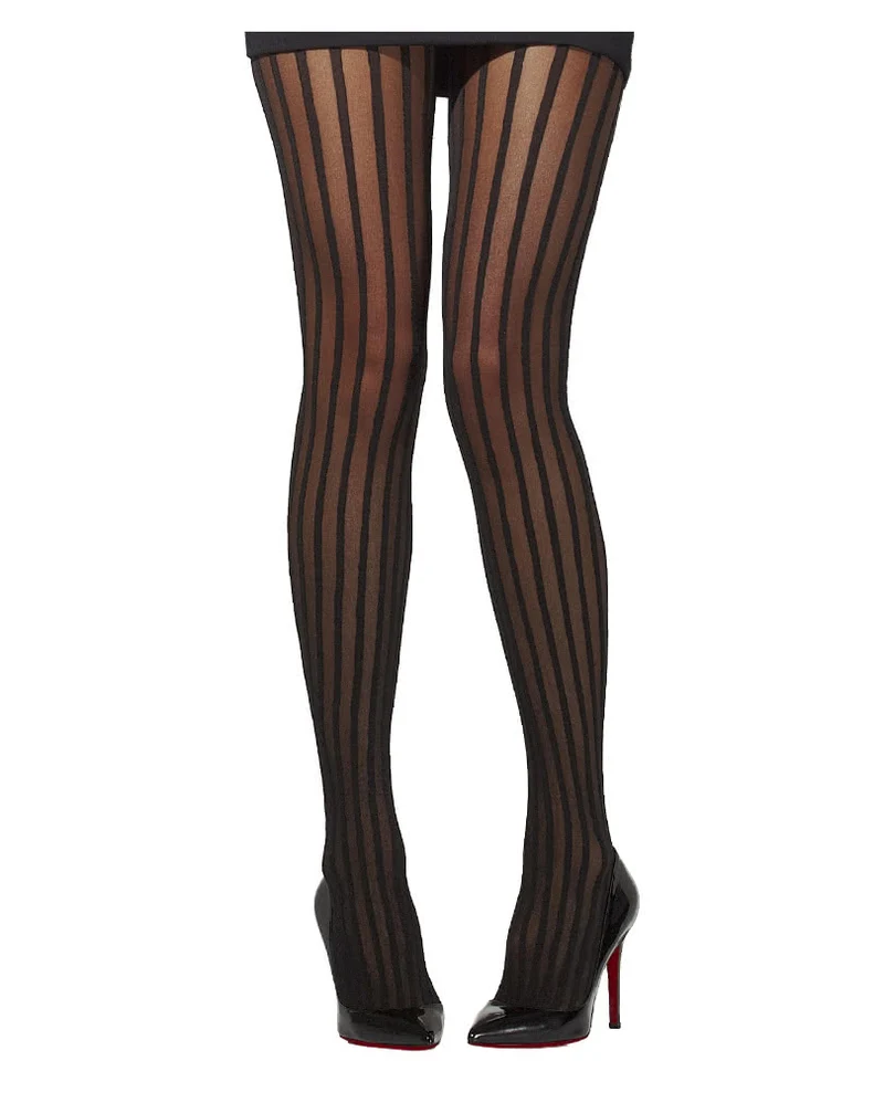 Schwarze Burlesque Nylon Strumpfhose mit Nadelstreifen