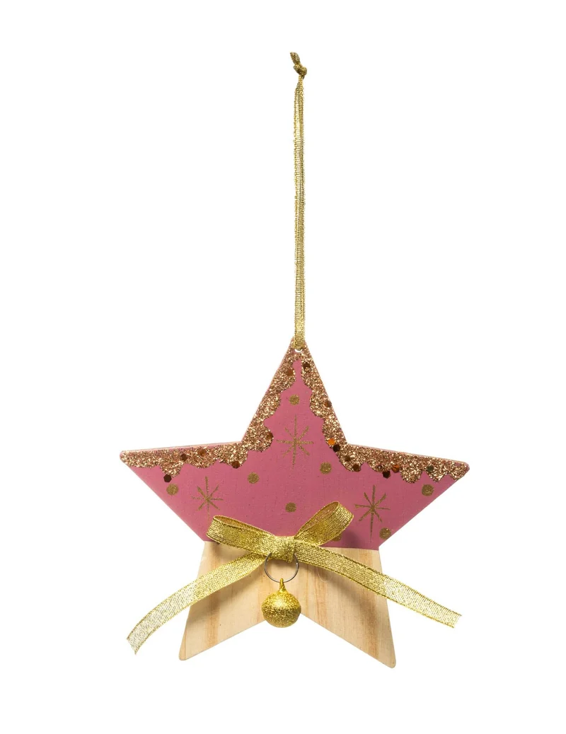 Rosafarbener und hölzerner Sternanhänger, 20 cm, mit goldenen Motiven
