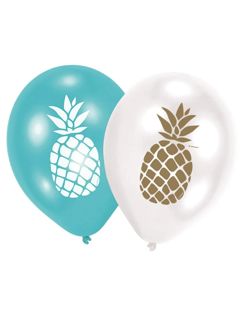 6 goldene, blaue und weiße Ananas-Latexballons 28 cm für tropische Party