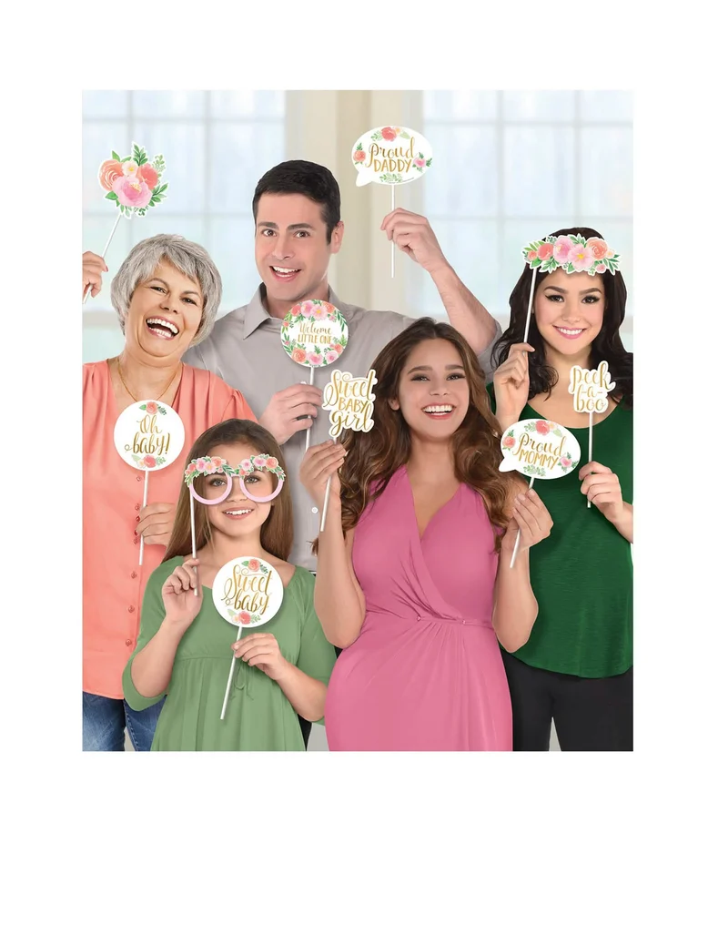 Photobooth-Set "Sweet Baby Girl" 13 Teile mit Blumen und Gold
