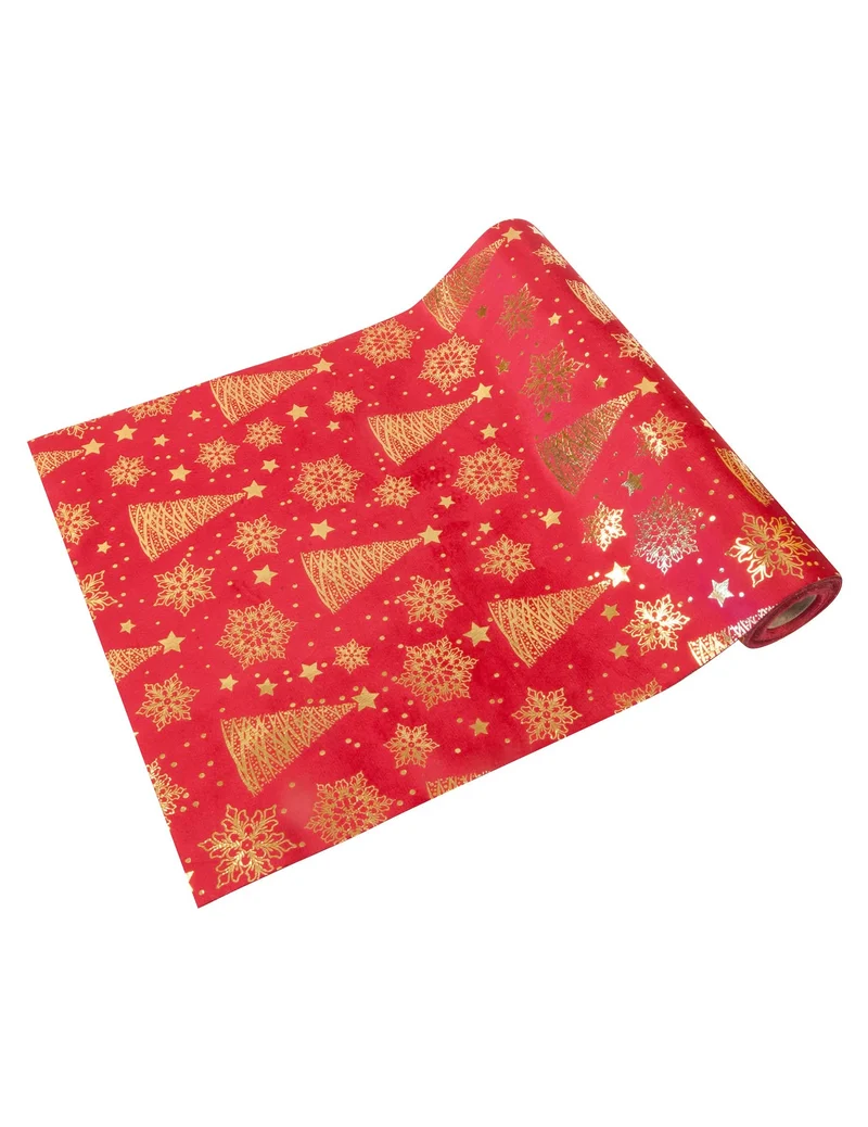Roter Samt-Tischläufer mit goldenen Tannenbäumen, 3m, für Weihnachten