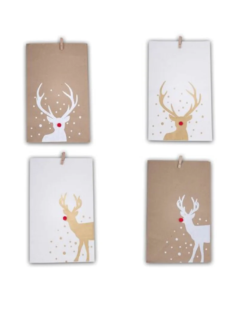 4 weiße und Kraftpapier-Tüten Rudolph 29 x 17,5 cm Weihnachtsrentiere