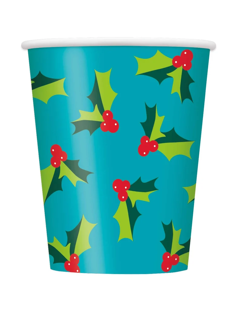 8 blaue Weihnachtsholly-Pappbecher 266 ml für Heiligabend