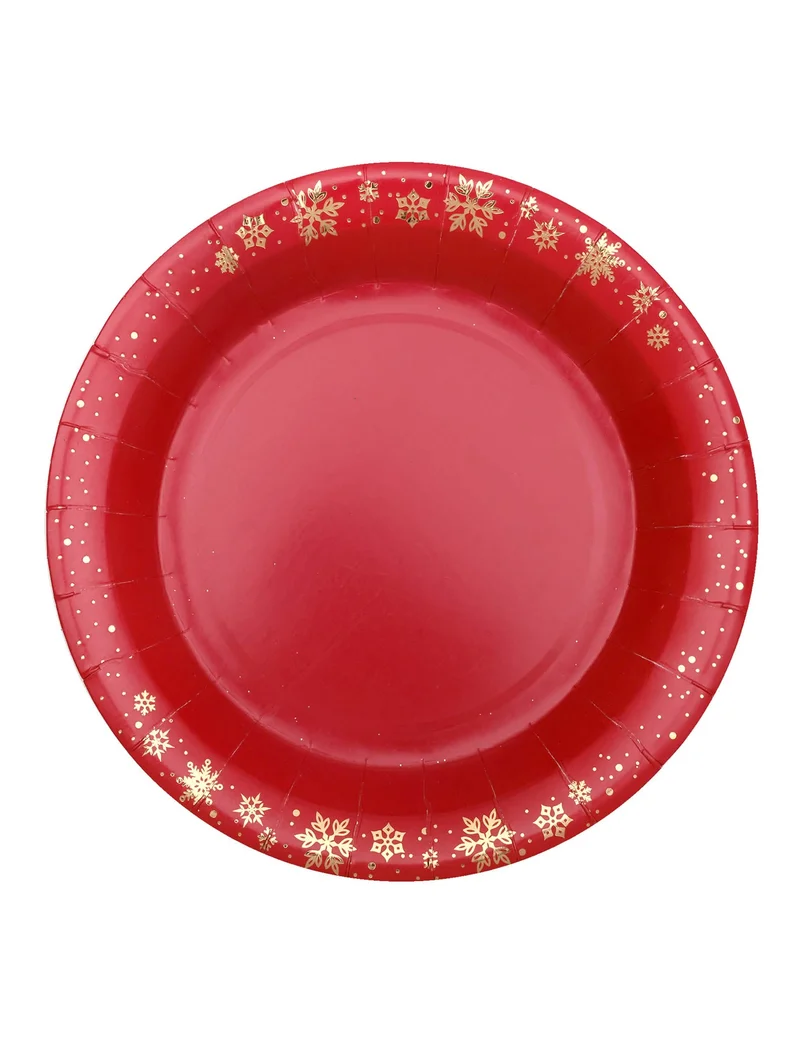 10 Pappteller Rot Gold Schneeflocke 22,5 cm für Weihnachten